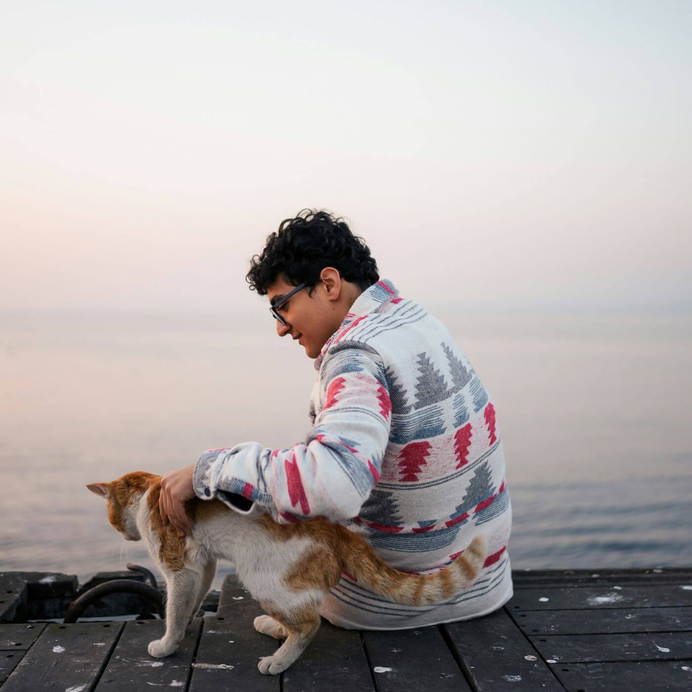 Junge sitzt am Wasser und streichelt eine Katze