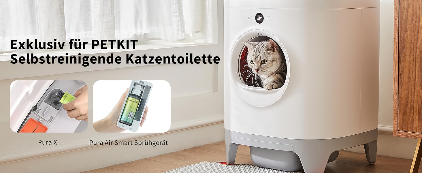 Katze sitzt im PETKIT Pura X und es werden Kompatibilitäten des Luftreinigers gezeigt