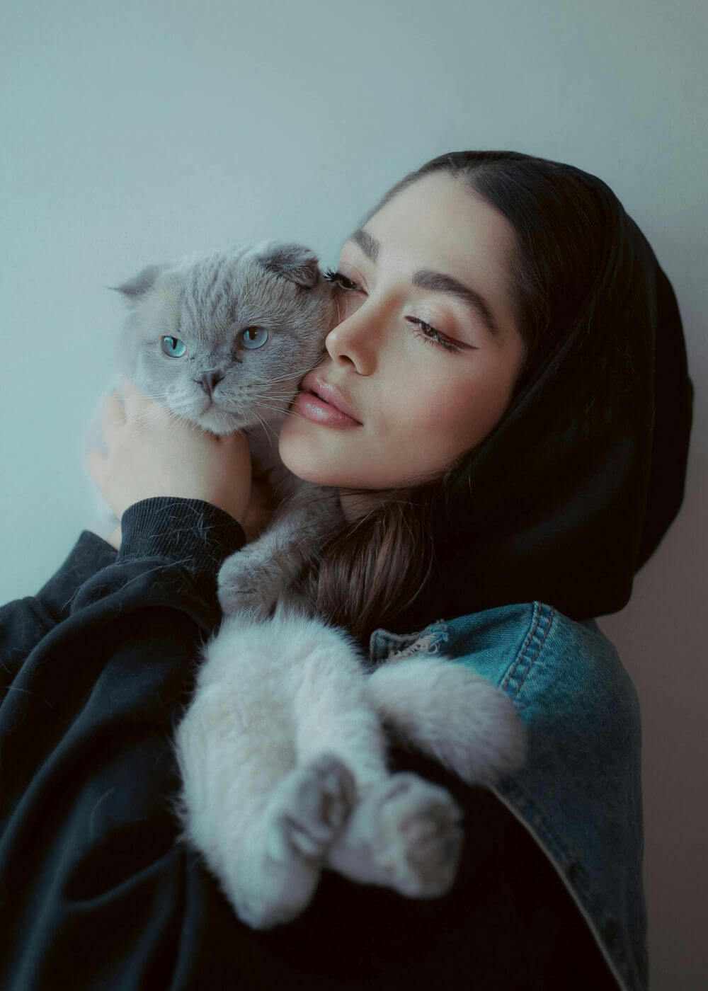 Mädchen hält eine Britisch Kurzhaar Katze in den Armen
