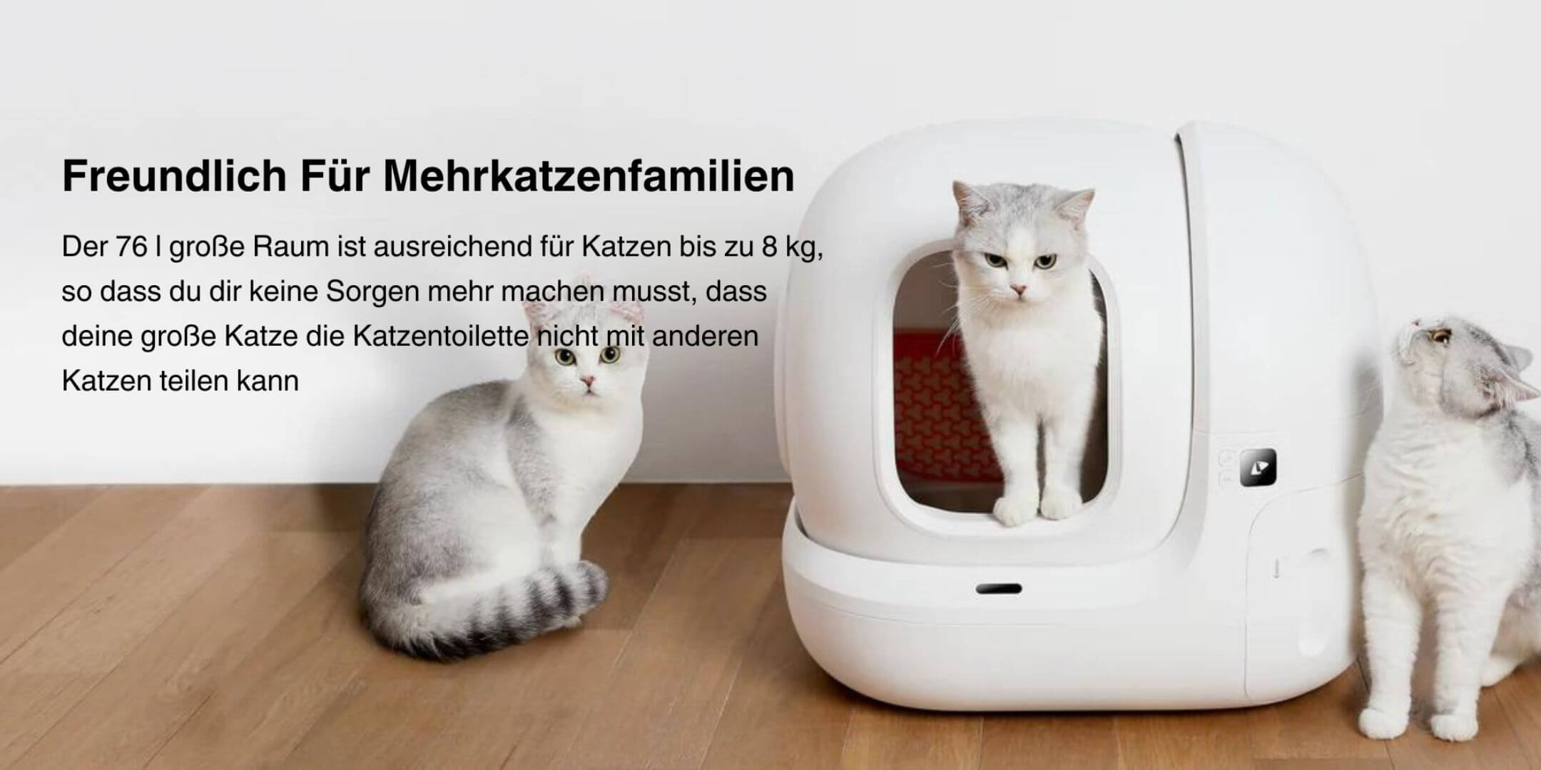 Eine weiße Katze sitzt im PETKIT selbstreinigende Katzentoilette Pura Max und zwei weitere Katzen sitzen daneben
