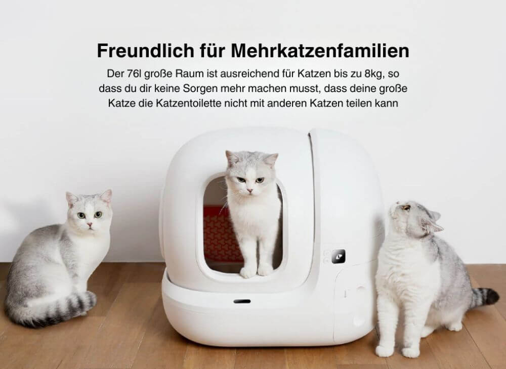 Eine weiße Katze sitzt im PETKIT selbstreinigende Katzentoilette Pura Max und zwei weitere Katzen sitzen daneben
