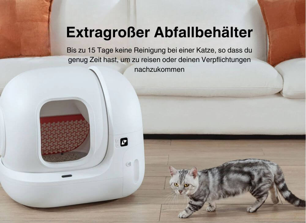 Getigerte Katze läuft im Wohnzimmer neben dem PETKIT Pura Max selbstreinigende Katzentoilette