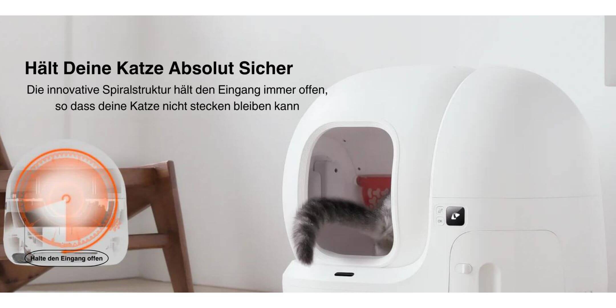 Schwanz einer Katze ragt aus dem PETKIT Pura Max selbstreinigende Katzentoilette heraus
