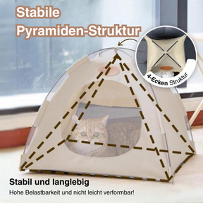 Die stabile Pyramiden-Struktur des Katzen-Zelts. Es besitzt eine 4-Ecken Struktur.