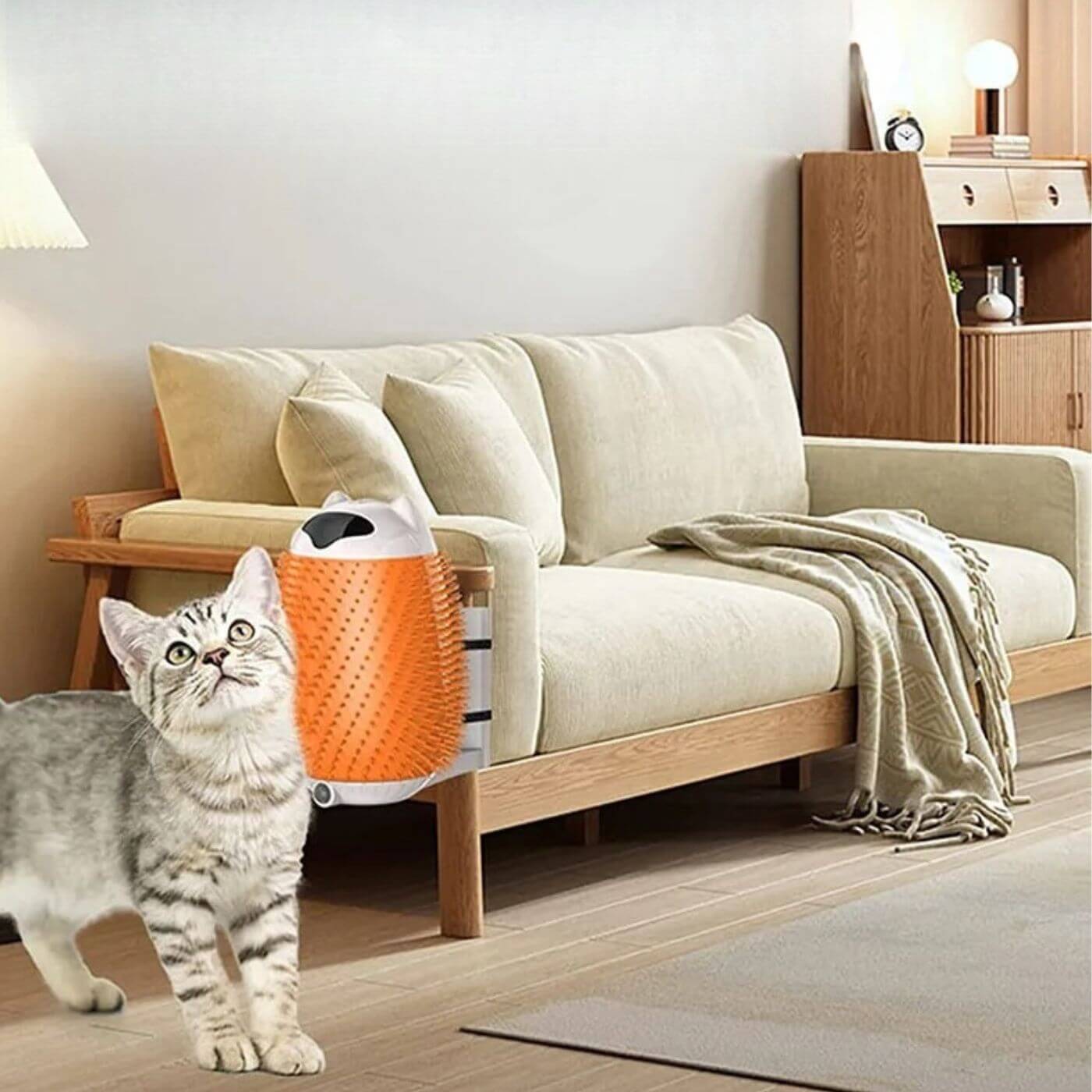 Katze im Wohnzimmer neben dem BIBO - Automatisch rotierendem Katzenbürste in orange