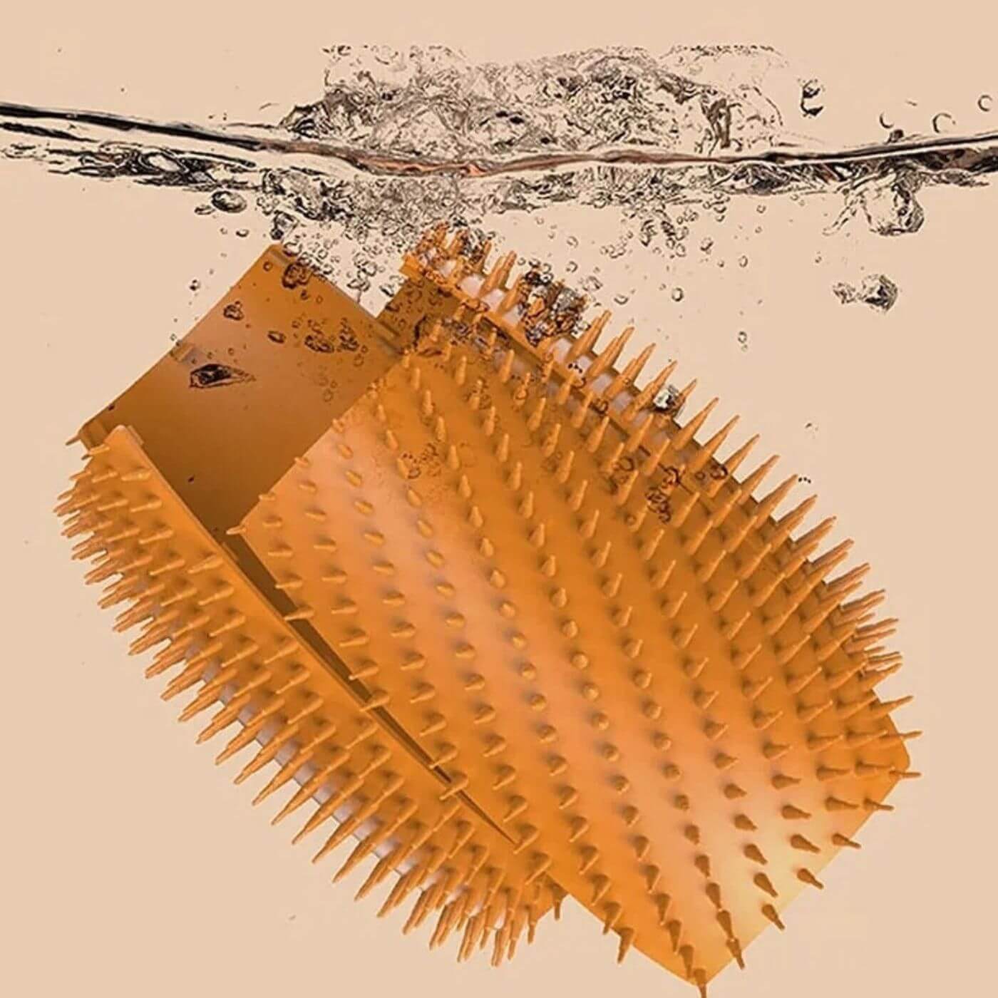 Orange bristles of the automatically rotating cat brush Bibo are immersed in water