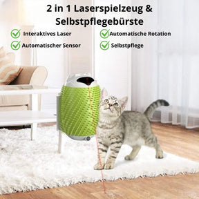 Katze kratzt sich am automatisch rotierendem Katzenbürste Bibo und die Vorteile davon werden in Textform dargestellt